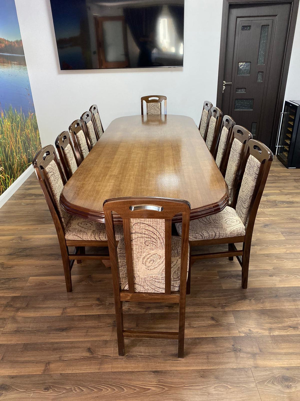 Set Masă și 12 Scaune, Lemn Masiv, nuanță NUC