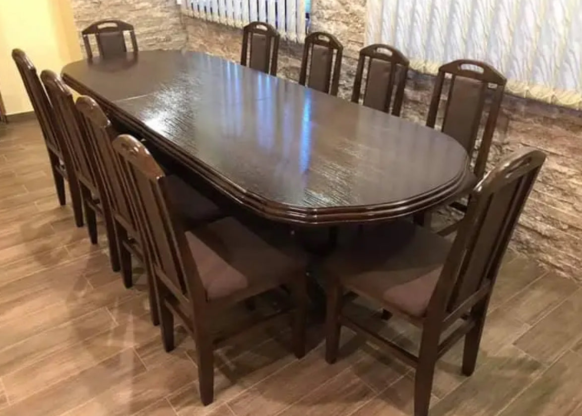 Set Masă și 12 Scaune, Lemn Masiv, nuanță NUC