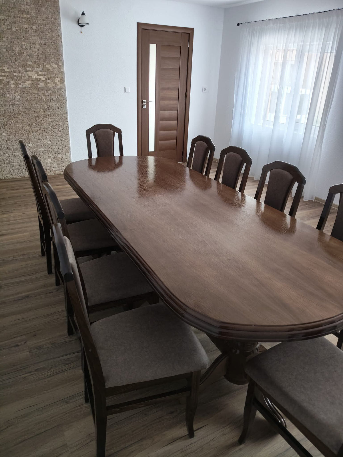 Set Masă și 12 Scaune, Lemn Masiv, Cairo nuanță Nuc